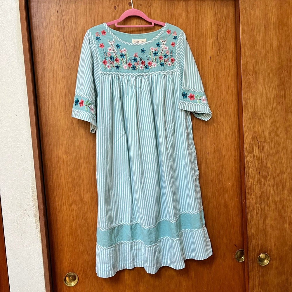 Bechamel Light Turquoise Stripe Floral Embroidered Cotton Midi Dress Women Small
